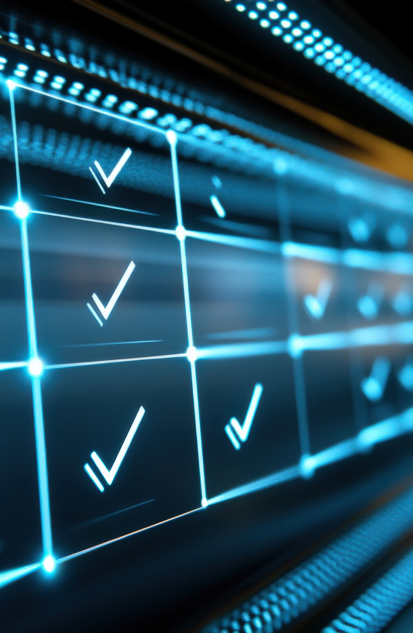 Screen mit zahlreichen gesetzten Häkchen, der abgeschlossene Prüfschritte und automatisierte Prozesse im Datenmanagement innerhalb eines CRM-Systems visualisiert.