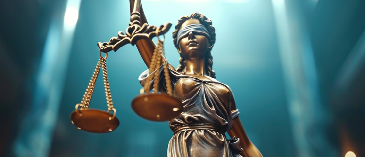 Justitia mit verbundenen Augen steht für Regeln, Kontrolle und rechtssichere Datennutzung für das Data Quality Management.