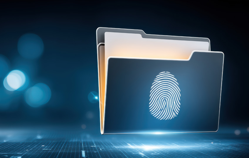 Die Grafik visualisiert durch einen Fingerabdruck auf einer Akte die klare Zuordnung von B2B Daten bei der Datenpflege.