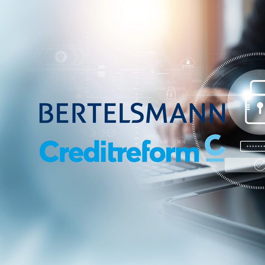 Logos von Bertelsmann und Creditreform symbolisieren Prozesse, die stets dsgvo-konform sind sowie Compliance auf Konzernniveau.